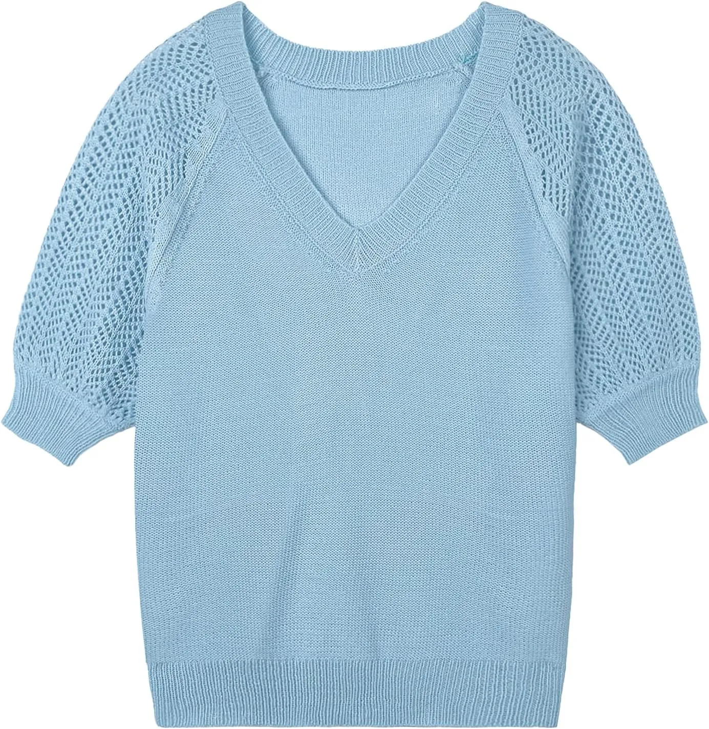 Womens Lightweight Cute Crochet Knit Short Sleeve Sweater Spring 2025 V Neck Eyelet Hollow Out Thin T Shirt Top