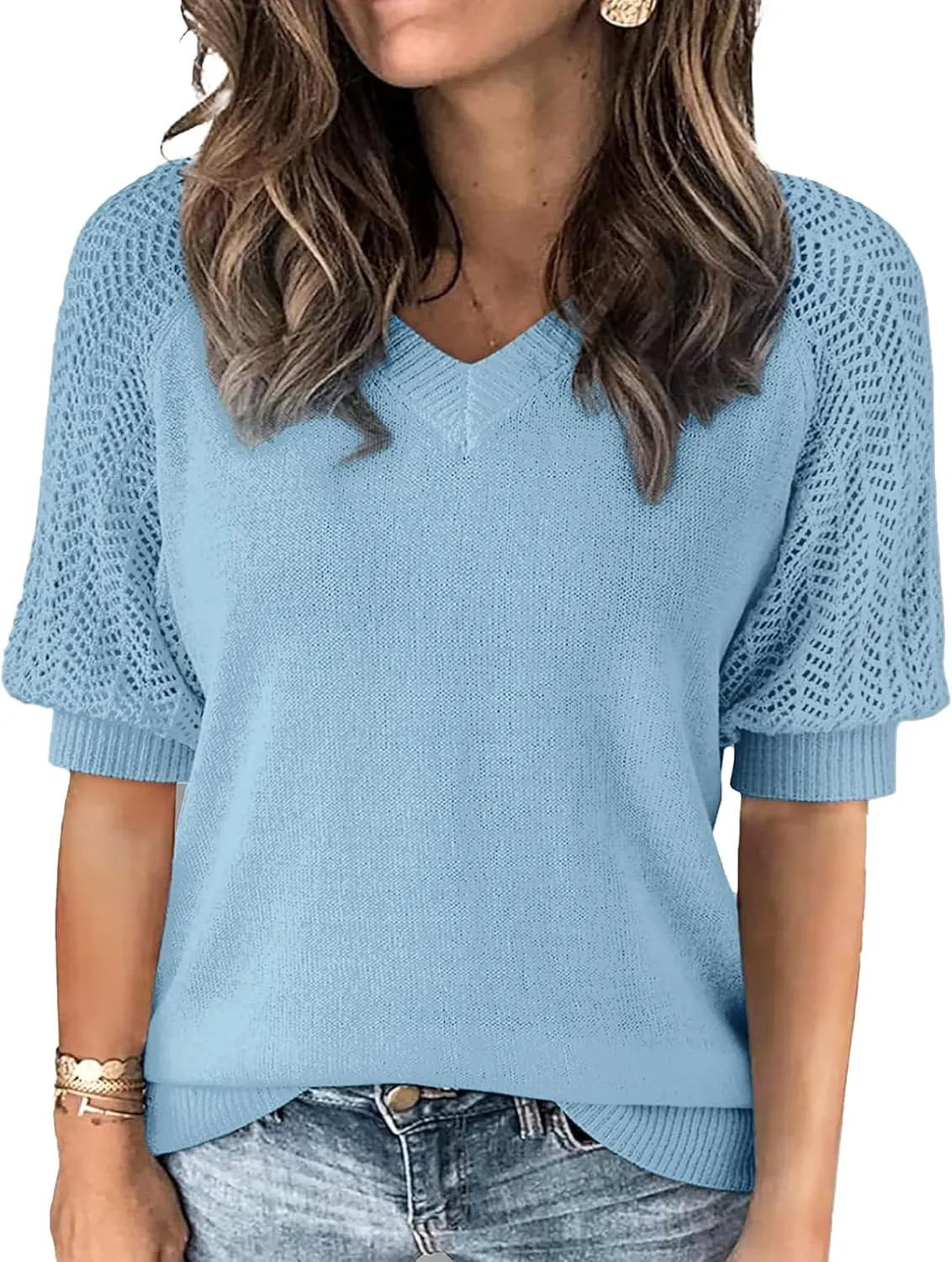Womens Lightweight Cute Crochet Knit Short Sleeve Sweater Spring 2025 V Neck Eyelet Hollow Out Thin T Shirt Top