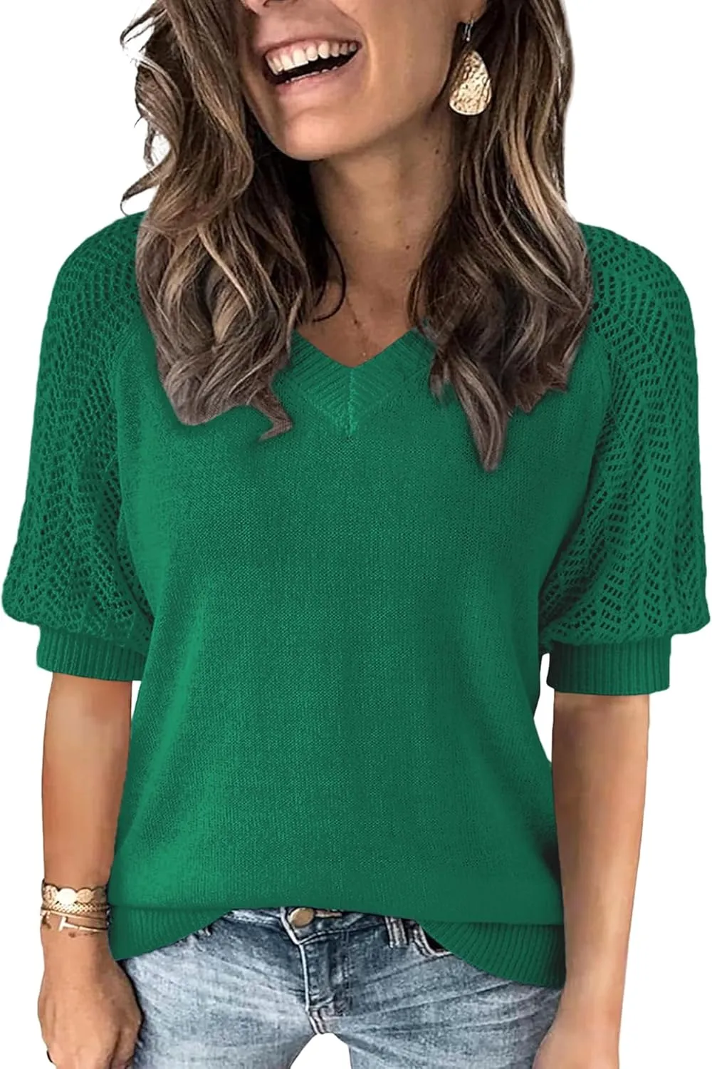 Womens Lightweight Cute Crochet Knit Short Sleeve Sweater Spring 2025 V Neck Eyelet Hollow Out Thin T Shirt Top