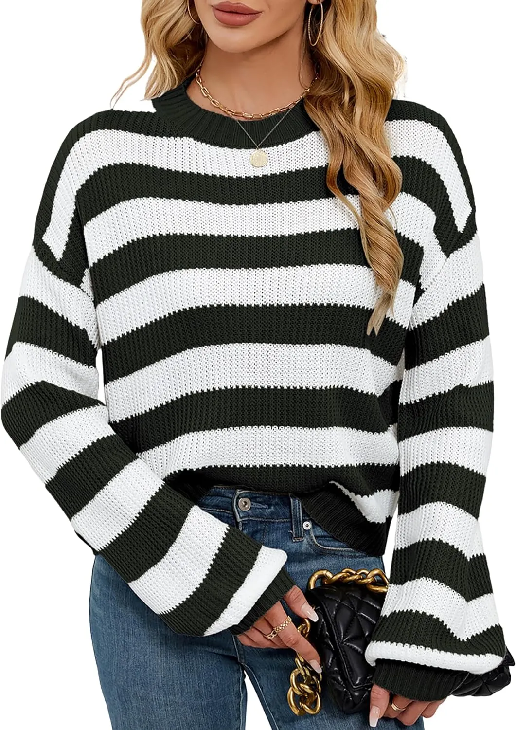 Womens Oversized Lightweight Cute Striped Cropped Sweater Spring 2025 Knitted Crew Neck Thin Crop Pullover Tops