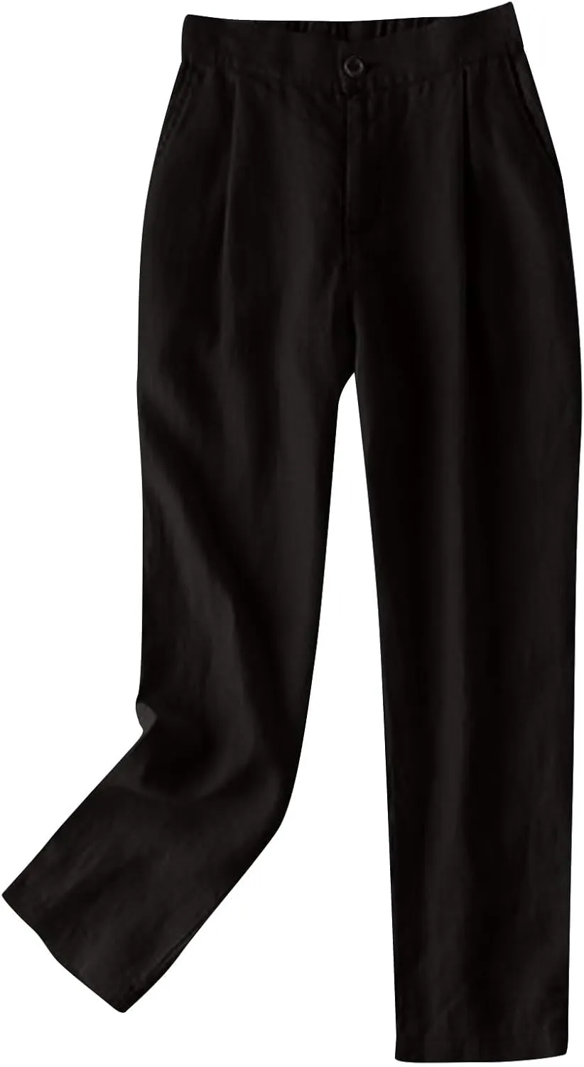 Women's Pure Cotton Linen Capris Loose Elastic Crop Trousers Soft Lightweight Casual Straight Legs Pants Sweatpant