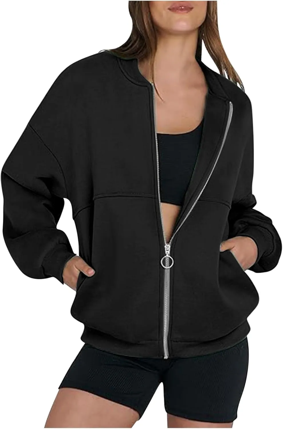Workout Hoodies for Women Zip Up Fleece Lined Pullover Crew Neck Long Sleeve Sweatshirt Classic Casual Pullover