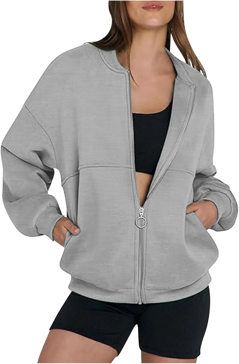 Workout Hoodies for Women Zip Up Fleece Lined Pullover Crew Neck Long Sleeve Sweatshirt Classic Casual Pullover