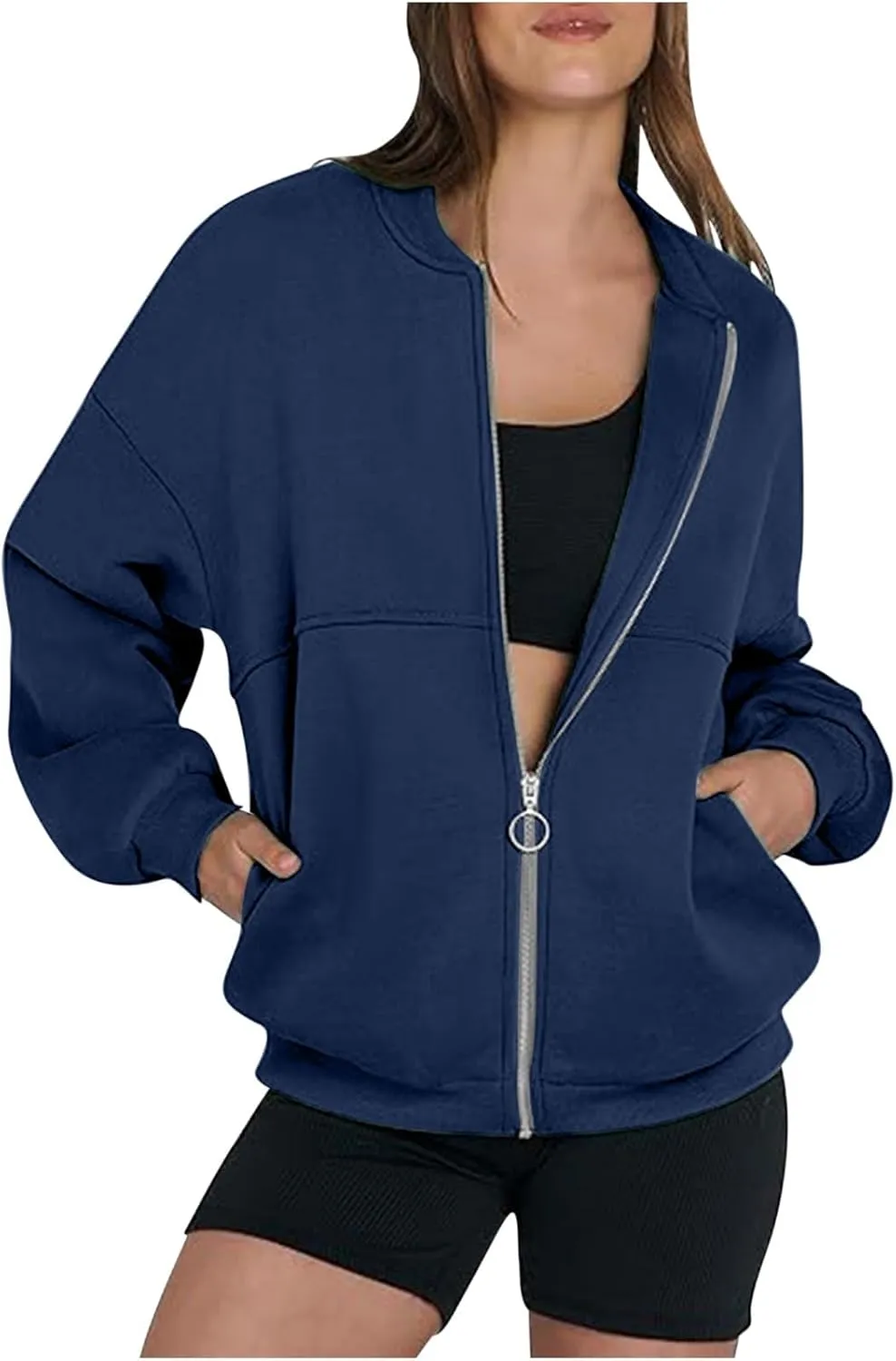 Workout Hoodies for Women Zip Up Fleece Lined Pullover Crew Neck Long Sleeve Sweatshirt Classic Casual Pullover